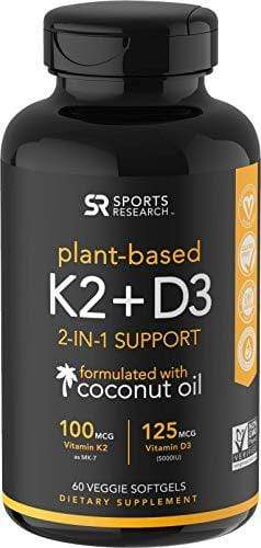 Vitamin K2 + D3 with Organic Coconut Oil for better absorption | 2-in-1 Support for your Heart, Bones & Teeth | Vegan Certified, GMO & Gluten Free ~ 60 Veggie Gels Supplement Sports Research 