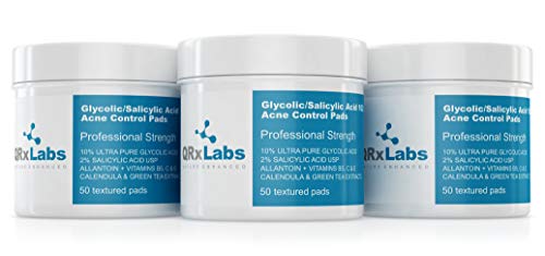 Glycolic/Salicylic Acid 10/2 Acne Control Pads with 10% Ultra Pure Glycolic Acid + 2% Salicylic Acid USP, Allantoin, Vitamins B5, C & E, Calendula & Green Tea - Helps Clear Up and Control Acne Skin Care QRxLabs 