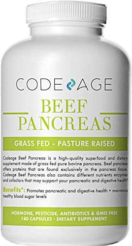 Codeage Grass Fed Pancreas, 180 Count — Digestive & Proteolytic Enzymes (Including Trypsin) & Pancreatic Support, 100% Pasture Raised in Argentina Supplement Code Age 