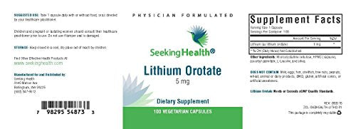 Seeking Health | Lithium Orotate | Lthium Supplement | 5 mg | 100 Vegetarian Capsules | Free Of Common Allergens Supplement Seeking Health 