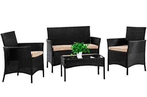 Patio Furniture Set 4 Piece Outdoor Wicker Sofas Rattan Chair Wicker Conversation Set Coffee Table Bistro Sets for Pool Backyard Lawn (Black) Lawn & Patio FDW 