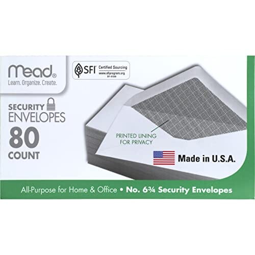 Mead #6-3/4 Envelopes, Security Printed Lining for Privacy, Gummed Closure, 3-5/8" x 6-1/2", All-Purpose 20-lb Paper, White, 80 per Box (75212) Office Product Mead 
