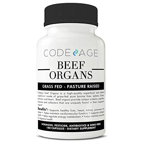 Codeage Grass Fed Beef Organs (Desiccated), 180 Count — All-in-one Liver, Heart, Kidney, Pancreas, Spleen, 3000mg per Servings, 100% Pasture Raised in Argentina Supplement Code Age 