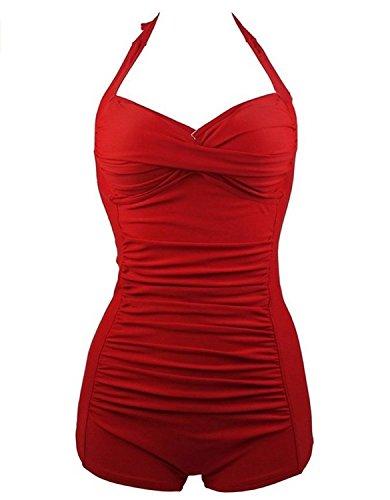 Century Star Women's Retro Halter Top Vintage Inspired Boy-Leg One Piece Ruched Monokinis Swimsuit Bathing Suits Vacation Red XX-Large (US 10-12) Women's Swimwear Century Star 