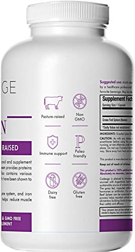 Codeage Grass Fed Beef Spleen (Desiccated), 180 Count —Immune, Allergy, Iron (5 X's More Heme Iron Than Liver), 100% Pasture Raised in Argentina Supplement Code Age 