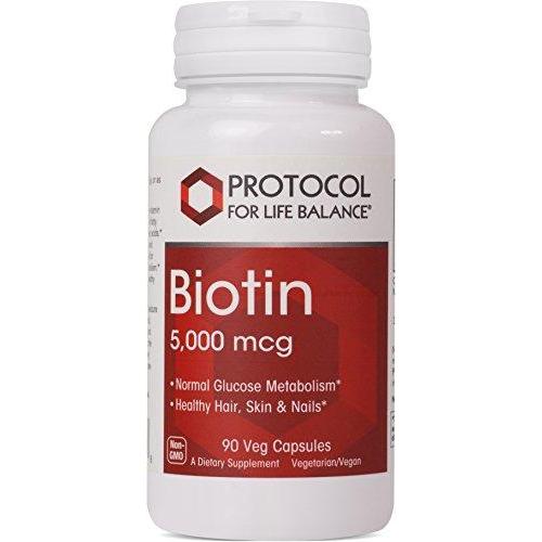 Protocol For Life Balance - Biotin 5,000 mcg - Supports Amino Acid Metabolism and Supports Healthy Immune System, Supports Healthier Hair, Skin, & Nails, Energy Boost, - 90 Vcaps Supplement Protocol For Life Balance 