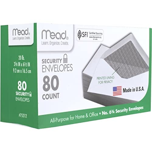 Mead #6-3/4 Envelopes, Security Printed Lining for Privacy, Gummed Closure, 3-5/8" x 6-1/2", All-Purpose 20-lb Paper, White, 80 per Box (75212) Office Product Mead 
