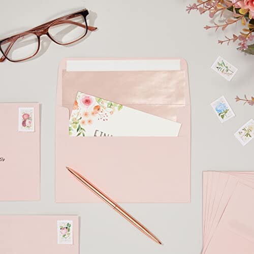Best Paper Greetings 50 Pack Pink A7 Envelopes, 5x7 Size for Mailing Wedding Invitations, Announcements, Bridal Shower, Greeting Cards, Thank You Notes, Rose Gold Foil Lining, Peel & Stick Seal Office Product Best Paper Greetings 