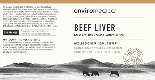 Enviromedica Freeze Dried Beef Liver Natural Energy Supplement Capsules of Pure Grass-Fed, Pastured, New Zealand Bovine with Preformed Vitamin A (180ct) Supplement Enviromedica 