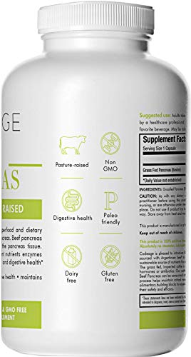 Codeage Grass Fed Pancreas, 180 Count — Digestive & Proteolytic Enzymes (Including Trypsin) & Pancreatic Support, 100% Pasture Raised in Argentina Supplement Code Age 