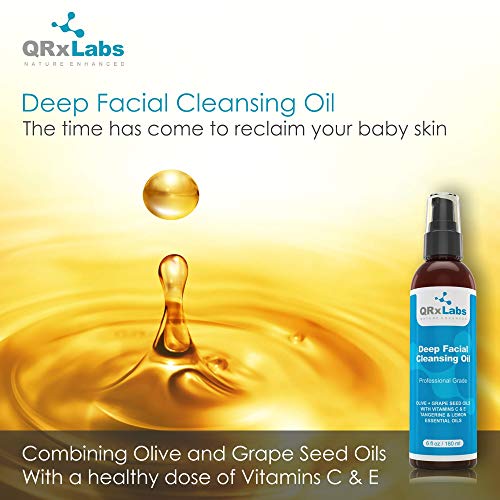Deep Facial Cleansing Oil with Olive and Grape Seed Oils, Tangerine & Lemon Essential Oils, Boosted with Vitamins C & E - BEST Cleanser for Dry Skin - 6 fl oz Skin Care QRxLabs 