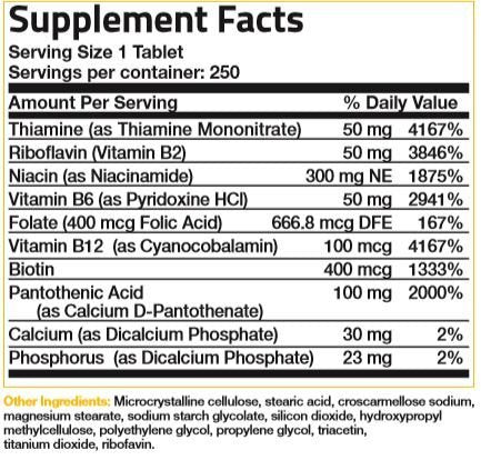 Bronson Vitamin B Complex (Vitamin B1, B2, B3, B6, B9 - Folic Acid, B12), 250 Tablets Supplement Bronson 