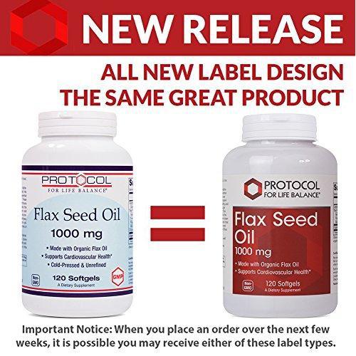 Protocol For Life Balance - Flax Seed Oil 1000 mg - Made with Organic Flax Oil to Support Cardiovascular Heart Health, Appetite Suppressant, Constipation Relief, & Improve Gut Health - 120 Softgels Supplement Protocol For Life Balance 