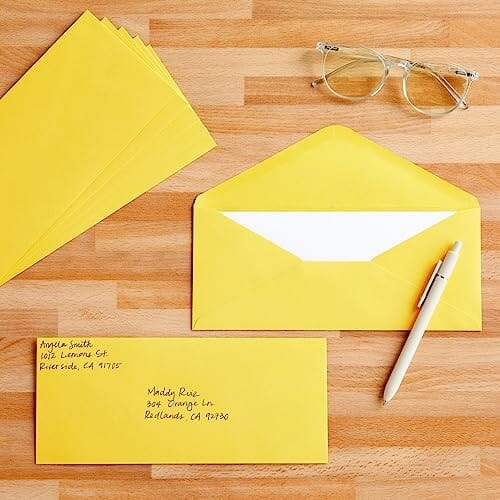 200 Pack #10 Yellow Envelopes Bulk with Gummed Seal for Party Invitation Cards, Mailing Business Letters, Checks (4 1/8 x 9 1/2) Office Product Sustainable Greetings 