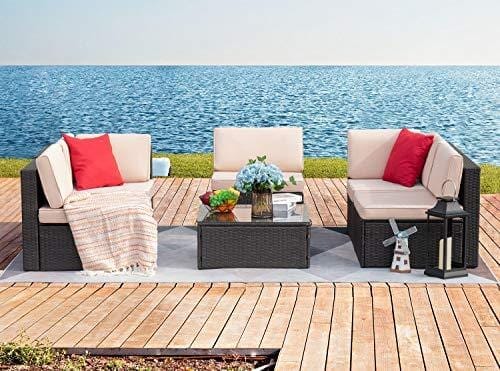 Devoko Patio Furniture Sets 6 Pieces Outdoor Sectional Rattan Sofa All-Weather Manual Weaving Wicker Patio Conversation Set with Glass Table and Cushion (Beige) Lawn & Patio Devoko 