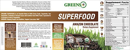 Greens+ Organic Superfood Amazon Chocolate | Essential Blend of Raw Green Foods, Superfruits and Sea Vegetables Powder | Vegan | USDA Organic | Non - GMO, Soy Dairy & Gluten-Free | Size 8.46oz Supplement Greens+ 