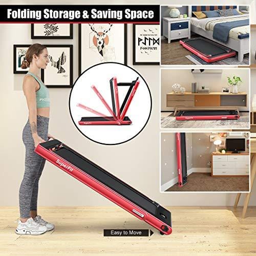 Goplus 2 in 1 Folding Treadmill, 2.25HP Under Desk Electric Pad Treadmill, Installation-Free, with Dual Display, Bluetooth Speaker, Remote Control, Walking Jogging Machine for Home/Office Use (Red) Sports Goplus 