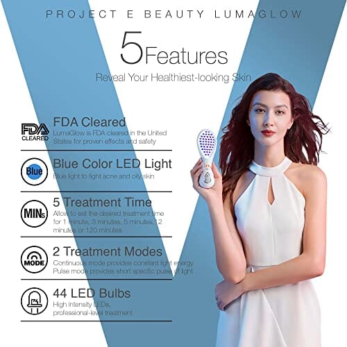 LumaGlow Blue LED Light Therapy by Project E Beauty | Anti Acne | Pimple & Blemish Solution | Skincare Routine for Oily Skin | FDA-Cleared Handheld Device for Spa & Home Use (Blue Light) Beauty Project E Beauty 