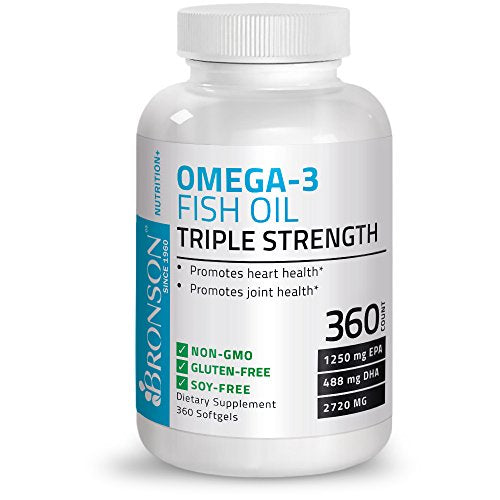 Bronson Omega 3 Fish Oil Triple Strength 2720 mg, Non-GMO, Gluten Free, Soy Free, Heavy Metal Tested, 1250 EPA 488 DHA, 360 Softgels Supplement Bronson 