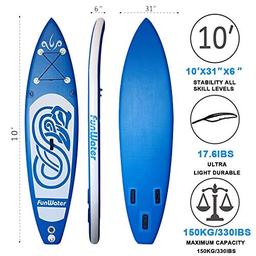 FunWater Inflatable 10'x31''x6'' Stand UP Paddle Board Ultra-Light (17.6lbs) Everything Included ISUP, Adj Paddle, Kayak Seat, Pump, SUP Backpack, Leash, Waterproof Bag, Non-slip Deckpad Youth & Adult Outdoors FunWater 