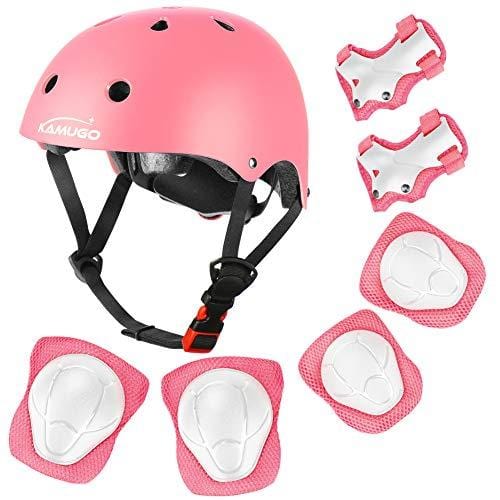 KAMUGO Kids Adjustable Helmet, with Sports Protective Gear Set Knee Elbow Wrist Pads for Toddler Age 3-8 Boys Girls, Bike Skateboard Hoverboard Scooter Rollerblading Helmet Set（Pink） Outdoors KAMUGO 