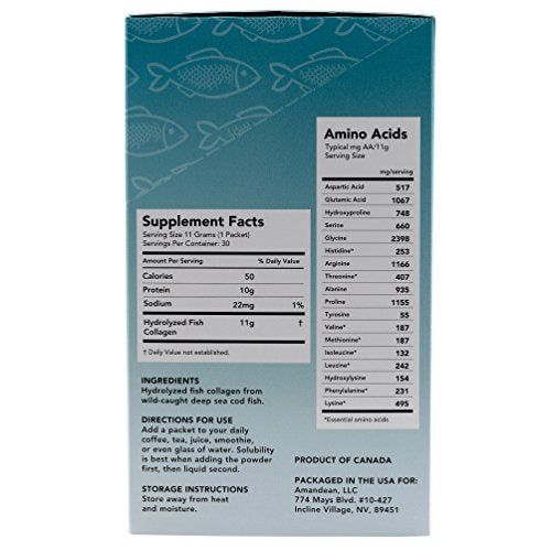 Premium Marine Collagen Peptides Stick Packs | Wild-Caught Fish | 30 Single Use Individual Convenience Packets | Anti-Aging, Paleo Friendly, Non-Gmo, Gluten Free, Unflavored | High Bioavailability Mix Supplement AMANDEAN 
