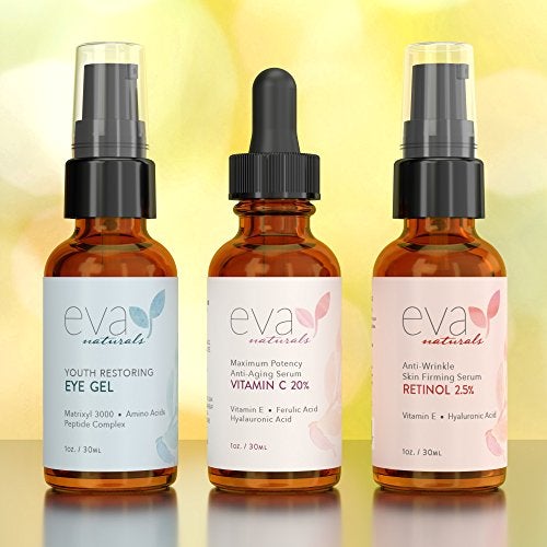 Eva Naturals Facelift in a Bottle - 3-in-1 Anti-Aging Set with Retinol Serum, Vitamin C Serum and Eye Gel - Formulated to Reduce Wrinkles, Fade Dark Spots and Treat Under-Eye Bags - Premium Quality Skin Care Eva Naturals 