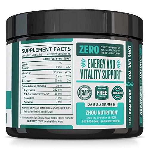 Non-GMO Spirulina Powder - Sustainably Grown in California - Highest Quality Spirulina on Earth - 100% Vegetarian, Gluten Free & Non-Irradiated - Blue Green Algae Perfect for Smoothies, Juices & More Supplement Zhou Nutrition 