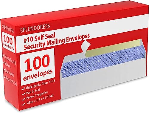 100#10 Envelopes, Self Seal Business Envelopes, Letter Legal Size 4-1/8 x 9-1/2 Inches, White Tinted Windowless Mailing Envelopes, High Quality 24 LB Office Product Splendoress 