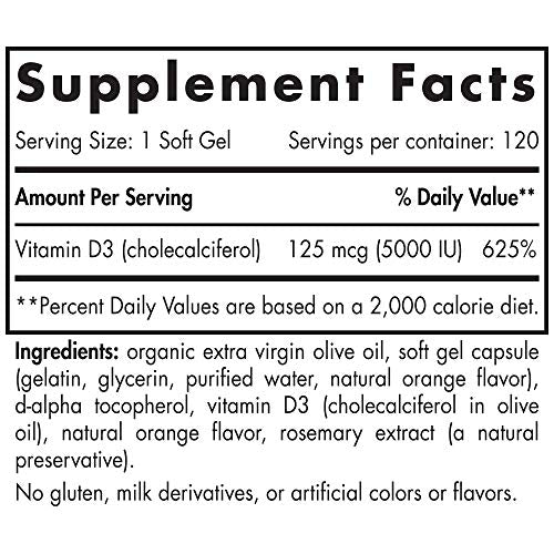 Nordic Naturals Vitamin D3 5000 - Potent Dose of Vitamin D3 For Bone Health, Mood and Sleep Rhythm Support, and Immune System Function, Orange, 120 Soft Gels Supplement Nordic Naturals 