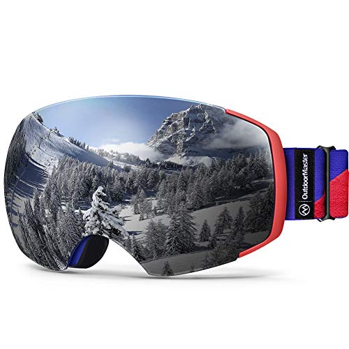 OutdoorMaster Ski Goggles PRO - Frameless, Interchangeable Lens 100% UV400 Protection Snow Goggles for Men & Women (Blue-Red Frame VLT 10% Grey Lens and Free Protective Case) Ski OutdoorMaster 