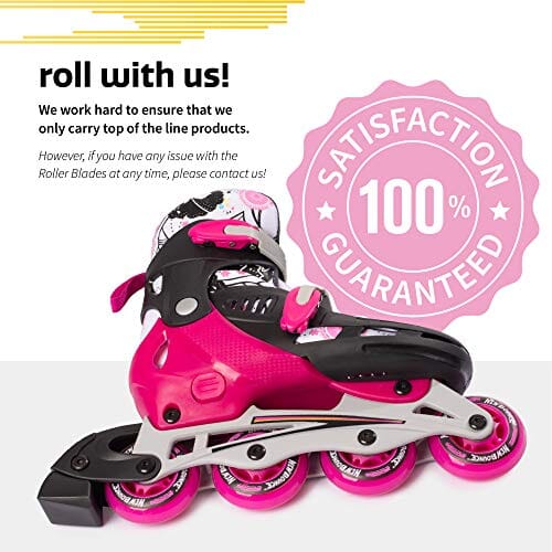 New Bounce Adjustable Inline Skates for Kids - 4 Wheel Blades Roller Skates for Girls, Teens, and Young Adults, Outdoor Rollerskates for Beginners & Advanced | Pink (Medium (2-5 US)) Outdoors New Bounce 
