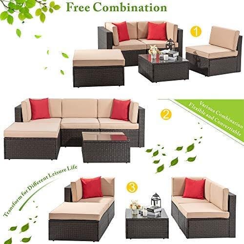 Vongrasig 5 Pieces Patio Furniture Set, All-Weather Outdoor Small Sectional Patio Sofa Set, Wicker Rattan Patio Sofa Couch Conversation Set w/Ottoman, Glass Table, Beige Cushions & Red Pillow, Brown Furniture Vongrasig 