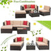 Vongrasig 5 Pieces Patio Furniture Set, All-Weather Outdoor Small Sectional Patio Sofa Set, Wicker Rattan Patio Sofa Couch Conversation Set w/Ottoman, Glass Table, Beige Cushions & Red Pillow, Brown Furniture Vongrasig 