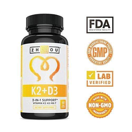 Vitamin K2 (MK7) with D3 Supplement - Vitamin D & K Complex - Bone and Heart Health Formula - 5000 IU Vitamin D3 & 90 mcg Vitamin K2 MK-7-60 Small & Easy to Swallow Vegetable Capsules Supplement Zhou Nutrition 