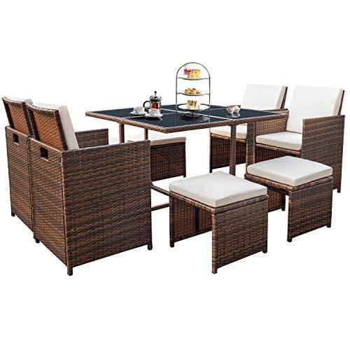 Devoko 9 Pieces Patio Dining Sets Outdoor Space Saving Rattan Chairs with Glass Table Patio Furniture Sets Cushioned Seating and Back Sectional Conversation Set (Beige) Lawn & Patio Devoko 