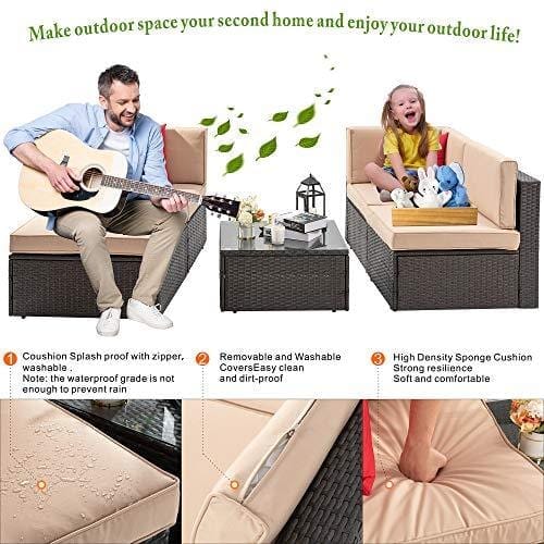 Vongrasig 5 Pieces Patio Furniture Set, All-Weather Outdoor Small Sectional Patio Sofa Set, Wicker Rattan Patio Sofa Couch Conversation Set w/Ottoman, Glass Table, Beige Cushions & Red Pillow, Brown Furniture Vongrasig 