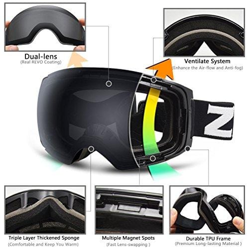 Zionor X4 Ski Snowboard Snow Goggles Magnet Dual Layers Lens Spherical Design Anti-Fog UV Protection Anti-Slip Strap for Men Women Ski Zionor 