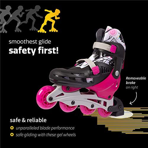 New Bounce Adjustable Inline Skates for Kids - 4 Wheel Blades Roller Skates for Girls, Teens, and Young Adults, Outdoor Rollerskates for Beginners & Advanced | Pink (Medium (2-5 US)) Outdoors New Bounce 