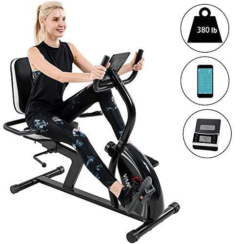 Vanswe Recumbent Exercise Bike 16 Levels Magnetic Tension Resistance 380 lbs. Stationary Bike with Adjustable Seat, Transport Wheels and Bluetooth Connectivity for Workout and Physical Therapy Sports Vanswe 