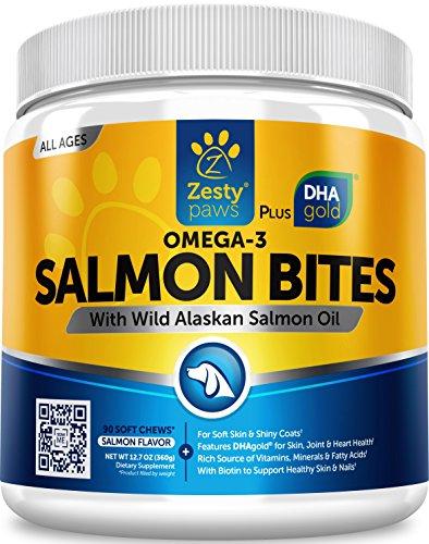 Salmon Fish Oil Omega 3 for Dogs - With Wild Alaskan Salmon Oil - Anti Itch Skin & Coat + Allergy Support - Hip & Joint + Arthritis Dog Supplement - Natural Omega-3 & 6 + EPA & DHA - 90 Chew Treats Animal Wellness Zesty Paws 