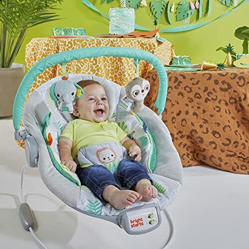 Bright Starts Jungle Vines Comfy Baby Bouncer and Vibrating Infant Seat with Taggies & Elephant and Sloth Plush Baby Toys Baby Product Bright Starts 