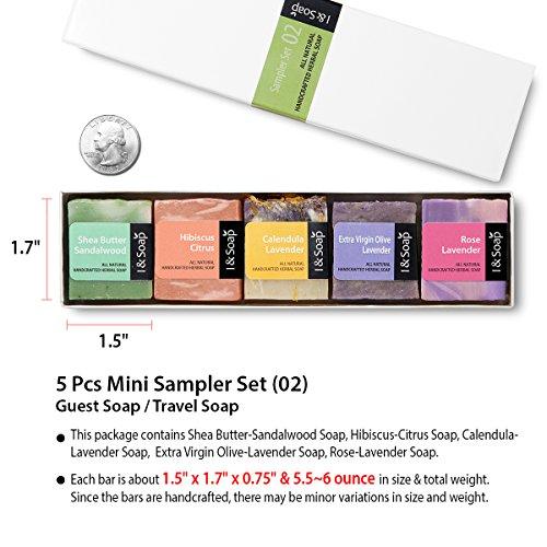 I & SOAP, 5pcs Mini Sampler Set (02) - Guest Soap - Travel Soap - 100% Natural & Organic Materials - Handcrafted Herbal Soap - Gentle and Effective Facial, Hand and Body Cleansing Soap Bars - Deeply Moisturizing Soft Soap - **Sodium Lauryl Sulfate(SLS), P Natural Soap I & SOAP 