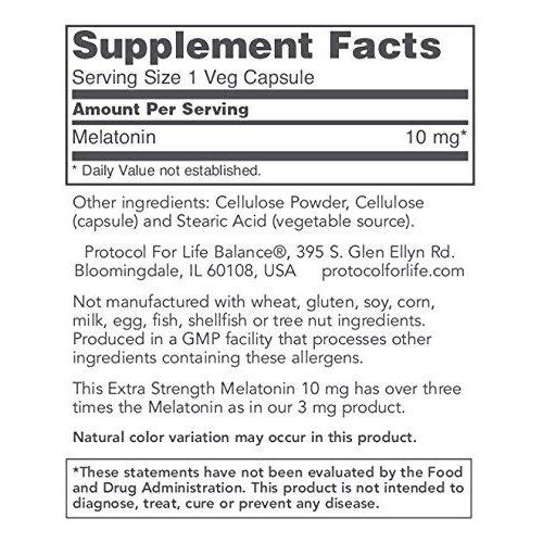 Protocol For Life Balance - Melatonin 10 mg Extra Strength - Supports Gastrointestinal Health, Healthy Sleep Cycle, and Regulatory Processes - 100 Veg Capsules Supplement Protocol For Life Balance 