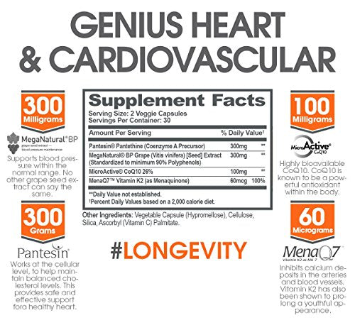 Genius Heart & Cardiovascular Health Supplement – Cholesterol Lowering Vein & Blood Pressure Support w/Grape Seed Extract, Vitamin K2 MK7 & CoQ10 – Antioxidant Energy for Men & Women,60 Veggie Pills Supplement The Genius Brand 