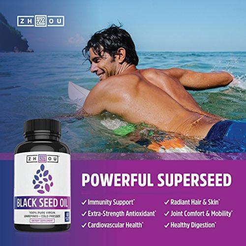 Black Seed Oil Capsules - 100% Virgin, Cold Pressed Source of Omega 3 6 9 - Nigella Sativa Black Cumin Seeds - Super Antioxidant for Immune Support, Joints, Digestion, Hair & Skin - 60 Liquid Caps Supplement Zhou Nutrition 