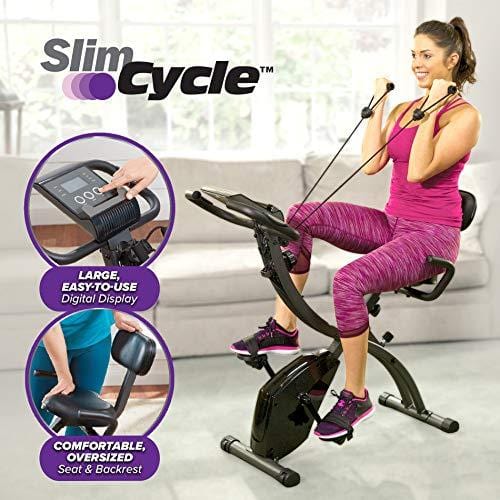 As Seen On TV Slim Cycle Stationary Bike - Folding Indoor Exercise Bike with Arm Resistance Bands and Heart Monitor - Perfect Home Exercise Machine for Cardio Sports BulbHead 