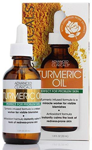 Advanced Clinicals Turmeric Oil for face. Antioxidant formula with Rose Extract and Jojoba oil for dry skin, redness, and skin blemishes. Large 1.8oz glass bottle with dropper. Skin Care Advanced Clinicals 