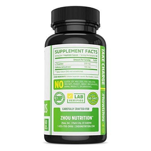 Caffeine with L-Theanine for Smooth Energy & Focus - Focused Energy for Your Mind & Body - No Crash ▫ No Jitters - #1 Nootropic Stack for Cognitive Performance - Veggie Capsules Supplement Zhou Nutrition 
