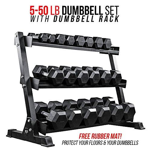 Rep Fitness Rep 5-50 lb Rubber Hex Dumbbell Set with Rack and Free Rubber Mat Sport & Recreation Rep Fitness 